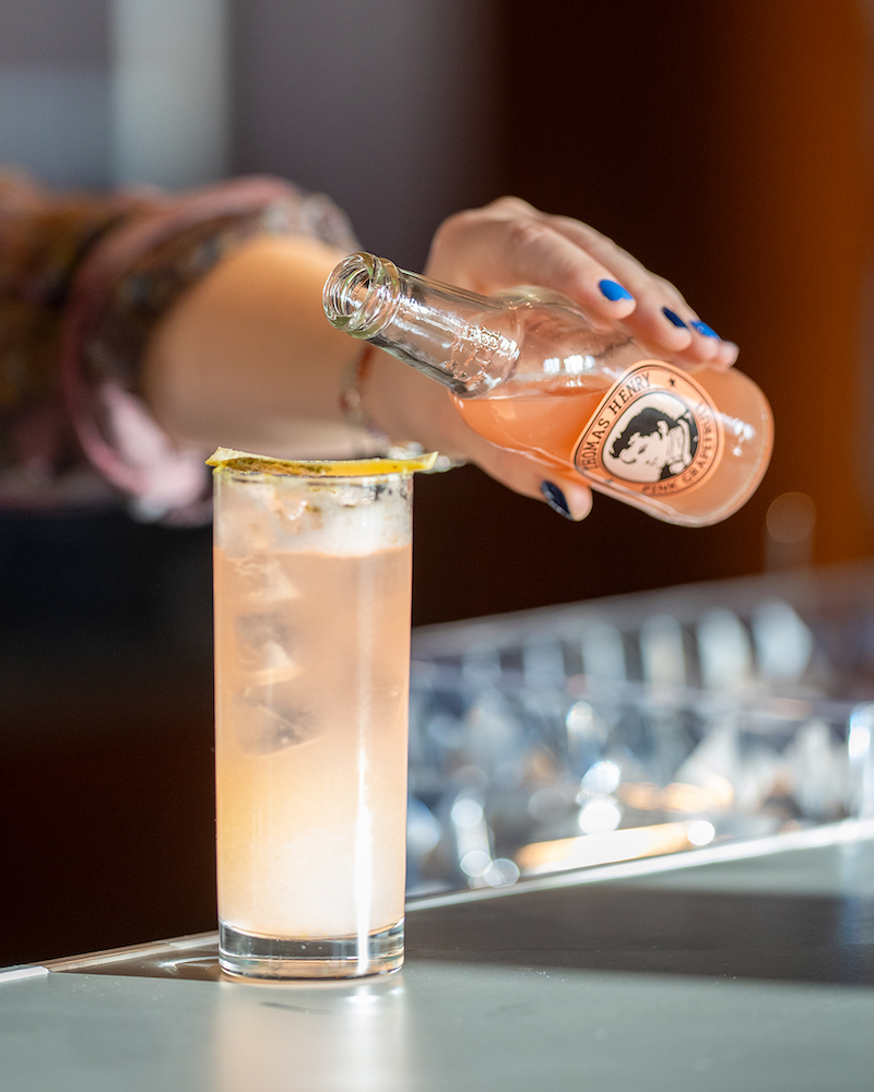 Bartenderin einer Tagesbar schenkt Thomas Henry Pink Grapefruit am Tresen in Longdrinkglas mit Eiswürfeln ein